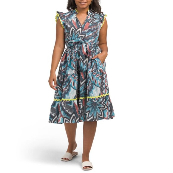 STELLAH Palm Palm Print Ribbon Trim Midi Dress With Belt